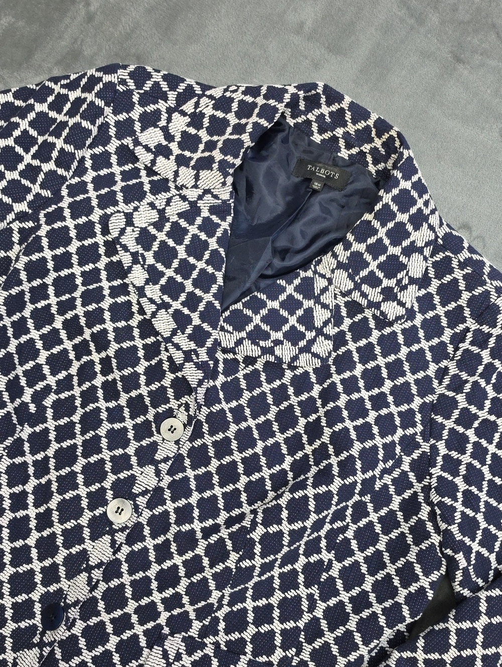 Talbots 18W Navy and White Geometric Knit Blazer
